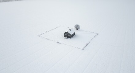 Aerial view of a snow covered landscape featuring a small building surrounded by people and a solitary tree with vast white expanse under overcast lighting