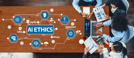 A diverse group engages in a collaborative discussion about AI ethics, focusing on legal, safety, and privacy issues in technology deployment within a business context. Amity