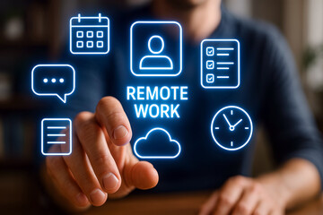 Naklejka premium A person interacting with remote work icons on a virtual interface.