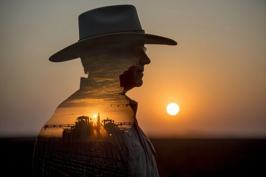 Farmer silhouette against sunset with tractor reflections in the background