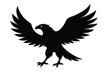 black eagle silhouette, detailed bird of prey, powerful wings spread, majestic flying animal, bold dramatic contrast, high contrast black and white illustration
