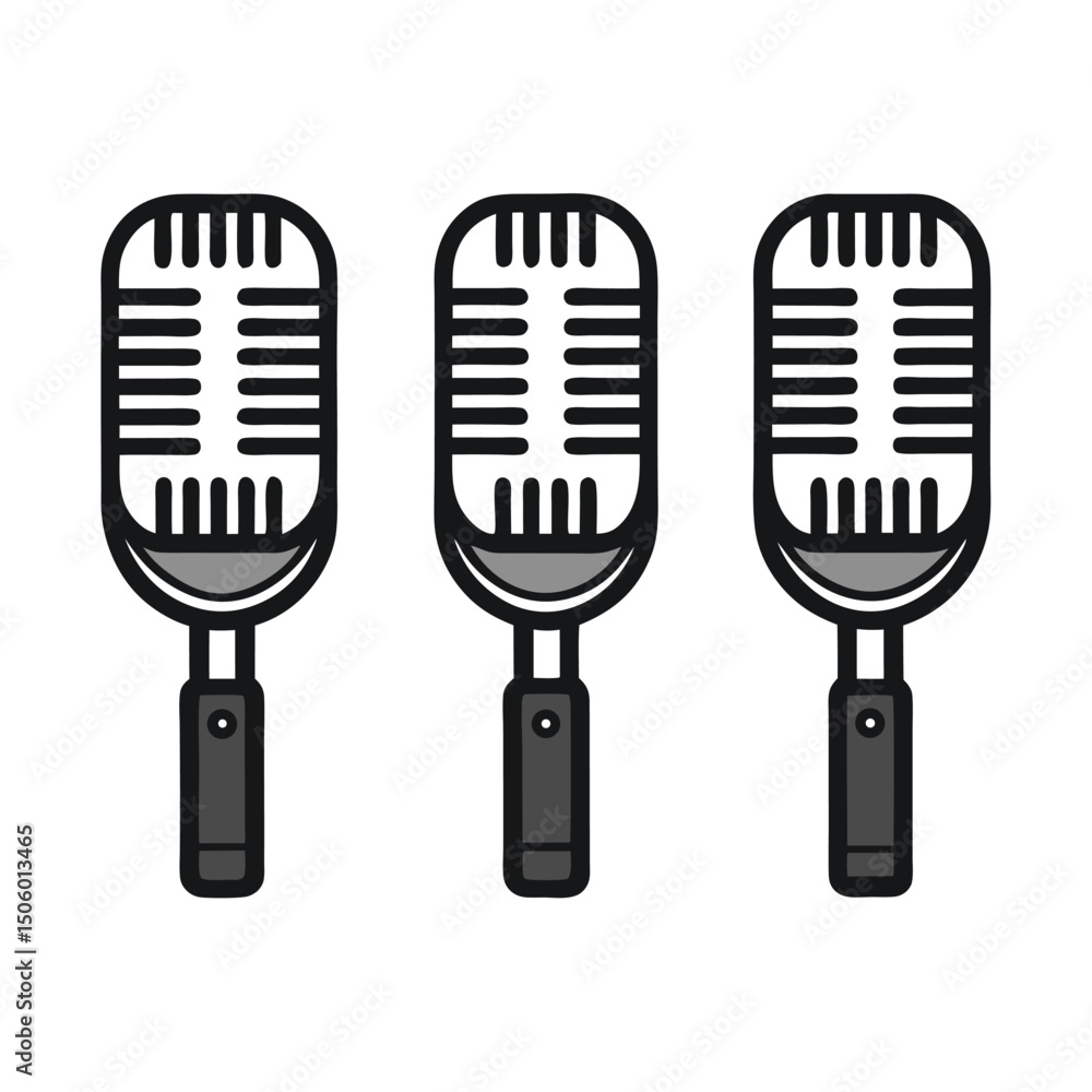 Poster three retro microphones in a row classic design for audio recording podcast or performance isolated 