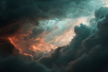 Dramatic storm clouds illuminated by light during the early evening sky