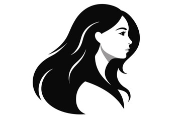 long dark flowing hair, female silhouette, minimalist black and white, elegant, high contrast, simple, graceful, alluring
