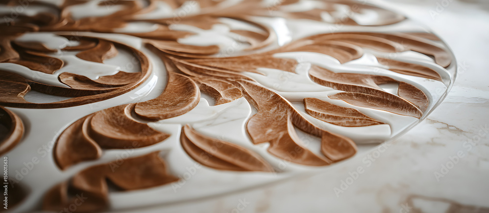 Poster detailed close-up image showing a marble slab with an intricate brown and white pattern, highlightin