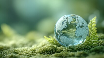 Earth within nature a glass globe amidst moss and ferns