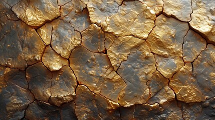 Gold and Metallic Textured Surface with Cracked Abstract Details and Reflective Layers