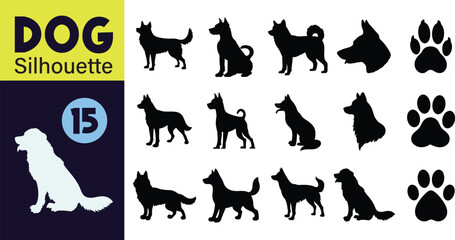 Collection of Fifteen Dog Breed Silhouettes with Paw Prints and Head Profiles silhouette