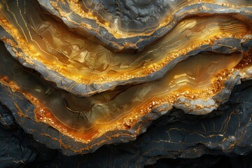 Abstract Close-Up of Golden Metallic Rock Layers and Texture