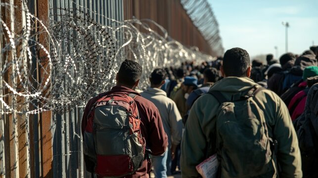 Long Line of Migrants Standing by a Barbed Wire Fence at a Border Zone