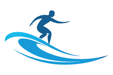 surfer on blue wave,action shot of person surfing,blue vector illustration of surfer on wave,surfer silhouette on stylized ocean wave,minimalist surfer icon

