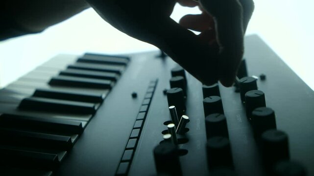 Professional musician manipulating analog synthesizer knobs, generating intricate electronic sounds within creative sound design process. Musician tweaking knobs analog synthesizer. Creating musician