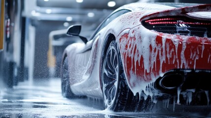 Red Sports Car Covered in Soap Foam During Car Wash with Water Reflections