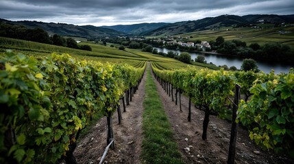 Fototapeta premium Paysage de vignoble en pente avec village au bord de rivière vallée