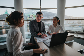 Three business people are engaged in a productive meeting, discussing ideas and strategies in a modern office. The atmosphere is collaborative and focused, with a cityscape visible through the window.
