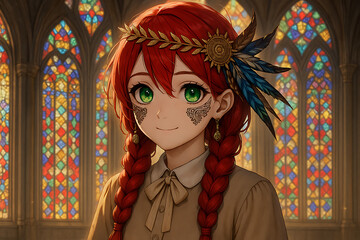 Captivating anime girl with red braided hair, green eyes, and ornate face tattoos standing gracefully inside a vibrant stained glass cathedral, radiating mystical elegance and serene spirituality.
