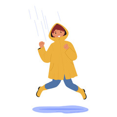 Joyful boy child cartoon character in raincoat jumping up in air feeling fun due to rainy weather