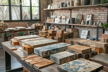 Fototapeta premium Wooden artwork displayed in craftsman space high resolution picture