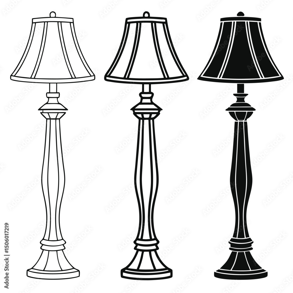 Poster three floor lamps in different styles including outline line art and silhouette isolated on a white 