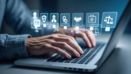 Work safety and compliance concept. A person using a laptop with digital icons representing work safety, compliance, regulations, and professional standards, symbolizing secure workplace practices.