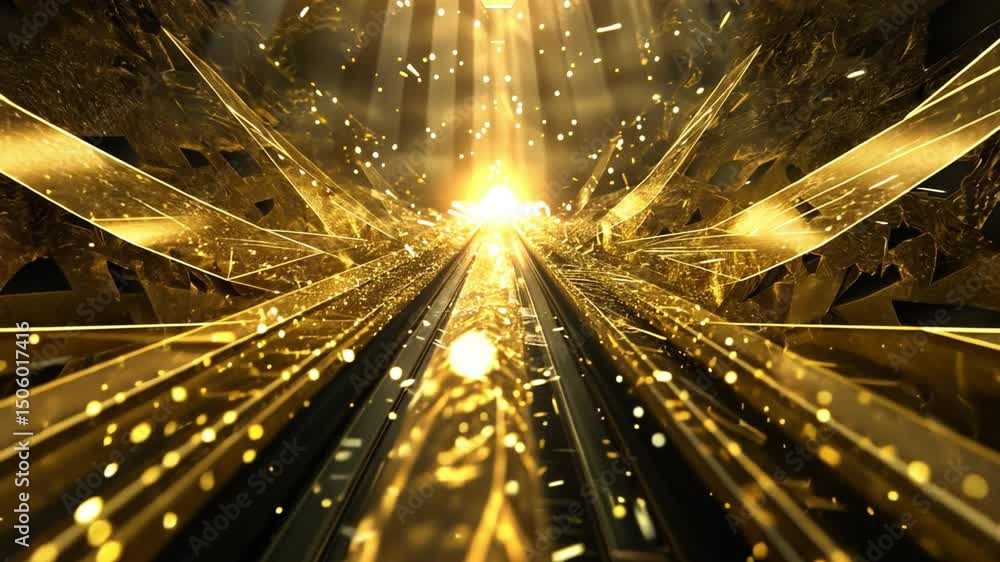 Poster stunning abstract design of golden light beams and sparkling particles, creating depth and movement 