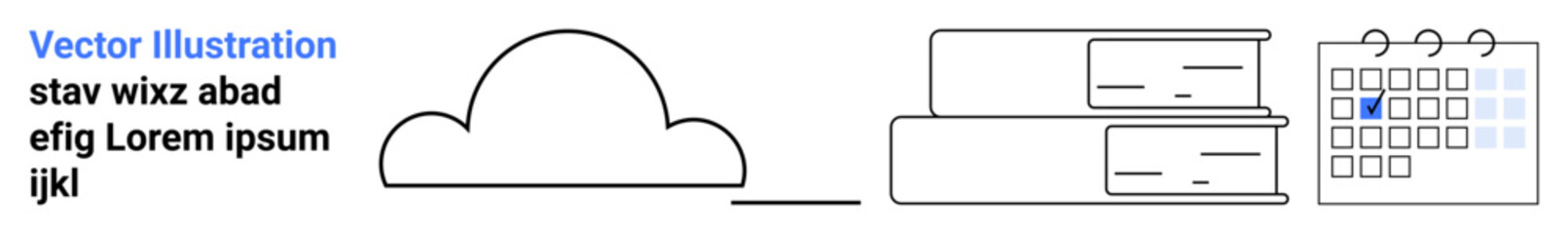 Cloud representation, stacked files, and calendar for digital storage, task planning, business workflow, data management, time organization, productivity boost, simple landing page