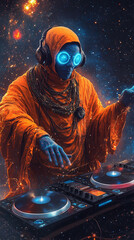 A surreal space shaman with elongated facial features, wearing traditional orange attire, hands moving over DJ equipment, manipulating sound vibrations in a dreamy interstellar scene. AI Generative