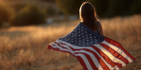 Golden hour portrait of young girl holding American flag with wind in open field, symbolizing hope and future on Independence Day