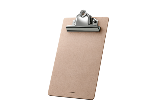 Brown clipboard with metal clip on clear background