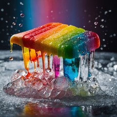 Macro shot of melting rainbow popsicle dripping onto sparkling crushed ice.