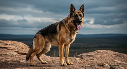Generic dog standing on rocky terrain under a cloudy sky, mouth open, tongue out. The dog is in focus, displaying a mix of black and brown fur, with blurred background of landscape.