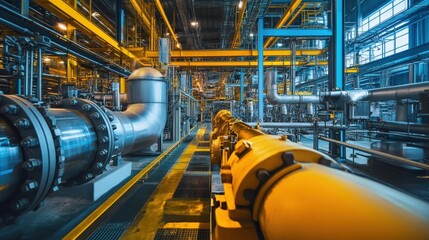 Industrial facility interior with complex piping systems.