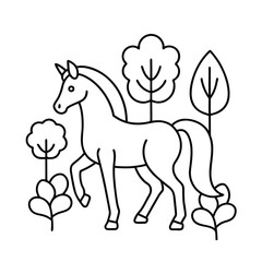 outline unicorn walks peacefully among simple tree