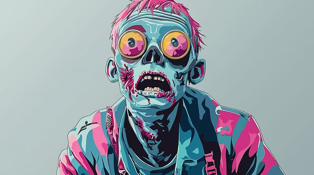 A striking, stylized illustration of a classic zombie character with wide, unblinking eyes and tattered clothing, rendered in bold colors