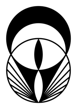 Vesica piscis patterns in a crop circle. Two intersecting circles with same radius forming a lens shape, symbolizing the interface between spiritual and physical worlds, represented by two circles.
