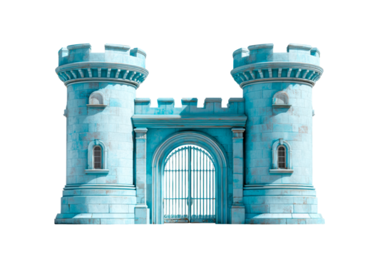 Detailed blue castle gate with towers on a transparent background
