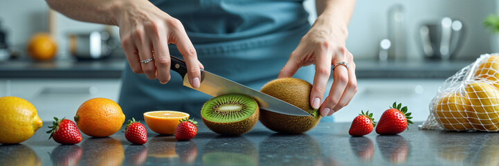 female hands cutting ripe kiwi with knife on table in kitchen
