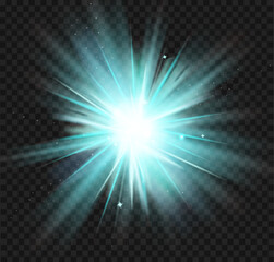 azure blue rays burst creating a glowing light effect, sparkling stars on transparent background