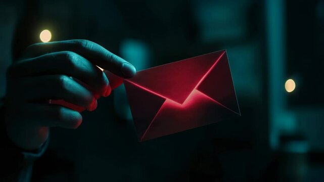 Phishing email glowing red, digital envelope representing cybersecurity threat or malware