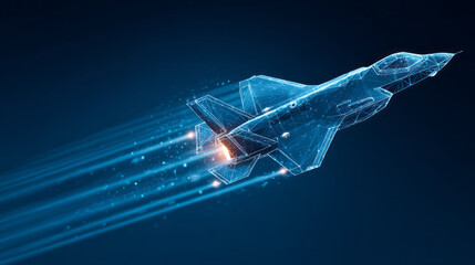 Futuristic wireframe low-poly illustration of an plan flying fast with blue laser beams shooting from the plane, on a dark blue background,