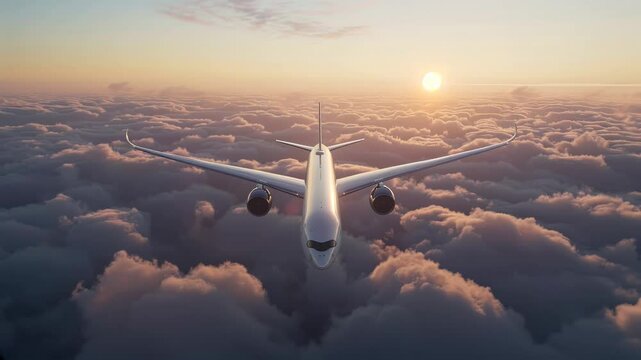 Airplane flying through sunrise clouds with clear sky for travel themed design template