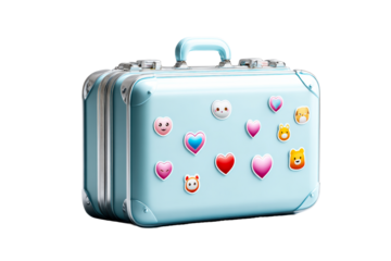 Decorated blue suitcase with various colorful stickers displayed