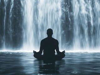 Obraz premium Man meditates by waterfall
