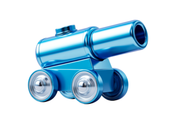 Colorful blue toy cannon on wheels with a transparent background