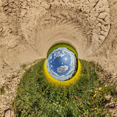 blue hole sphere or globe little planet inside grass or sand or dry ground frame background with...