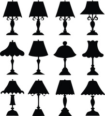 Collection of Twelve Table Lamp Silhouettes with Varying Designs Including Geometric Shades Scalloped Edges and Decorative Bases on a White Background