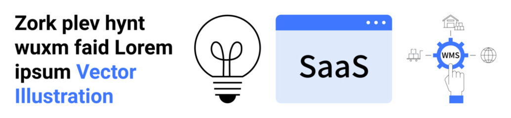 Light bulb for ideas, SaaS browser window, gear with WMS label, abstract line connections. Ideal for technology, SaaS marketing, innovation, workflow management, automation startups simple landing