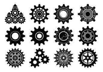 Gear icon vector set, black cogwheel vector collection, mechanical gear shapes, engineering symbols, industrial machinery isolated