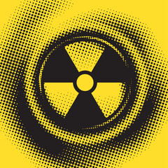 Vector banner on the theme of nuclear war, nuclear power plant disaster with a radiation hazard sign on a background of pixels simulating radiation contamination. T-shirt design. No AI used