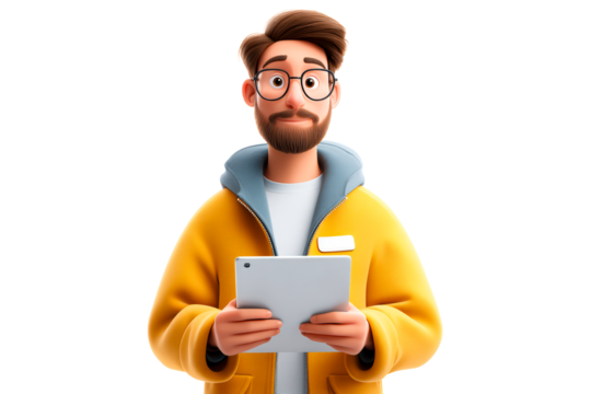 Young man with glasses holding a tablet in a casual outfit indoors